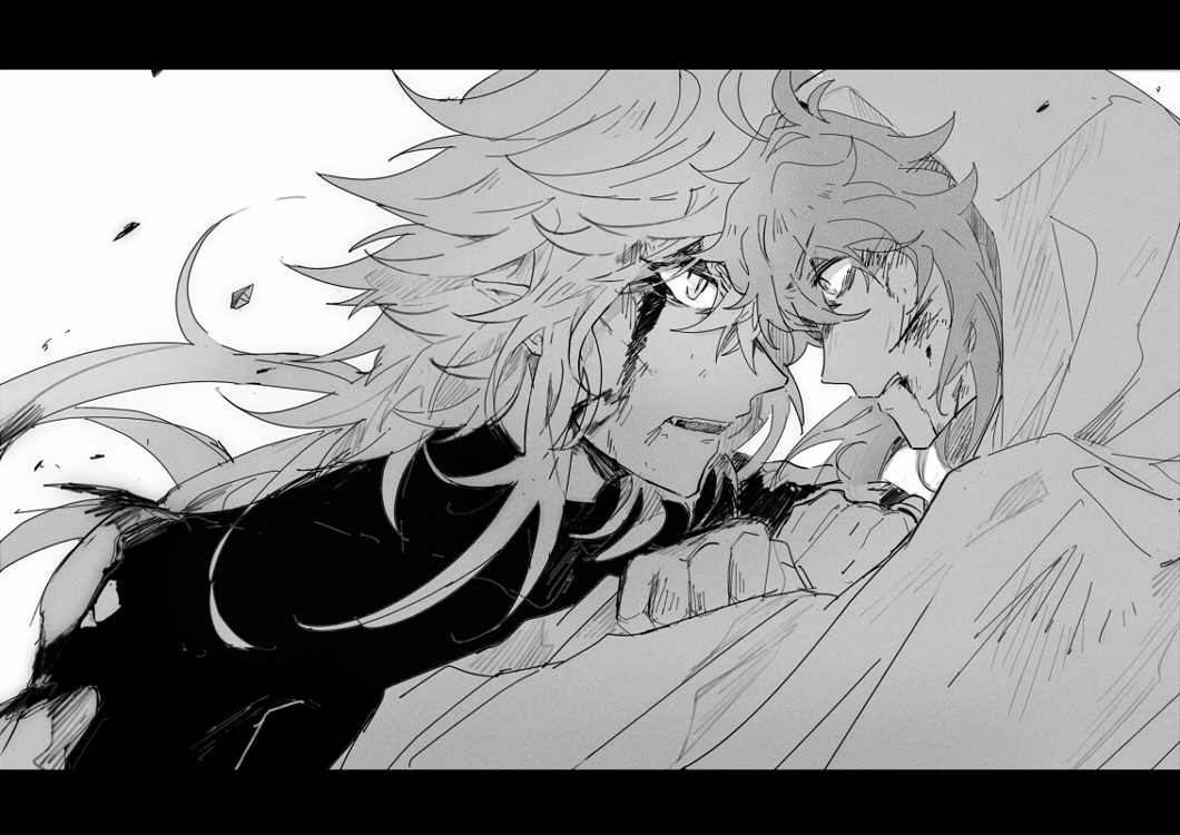 2boys bleeding blood_from_forehead blood blood_from_mouth blood_on_face chaldea_no_mono clenched_teeth cloak debris eye_contact fangs fate/grand_order fate_(series) greyscale hair_between_eyes holding_another&#039;s_wrist hood hood_up hooded_cloak injury letterboxed long_hair looking_at_another male_focus merlin_(fate) monochrome multiple_boys open_mouth ruoyin shirt simple_background slit_pupils teeth torn_clothes torn_sleeves upper_body v-shaped_eyebrows very_long_hair