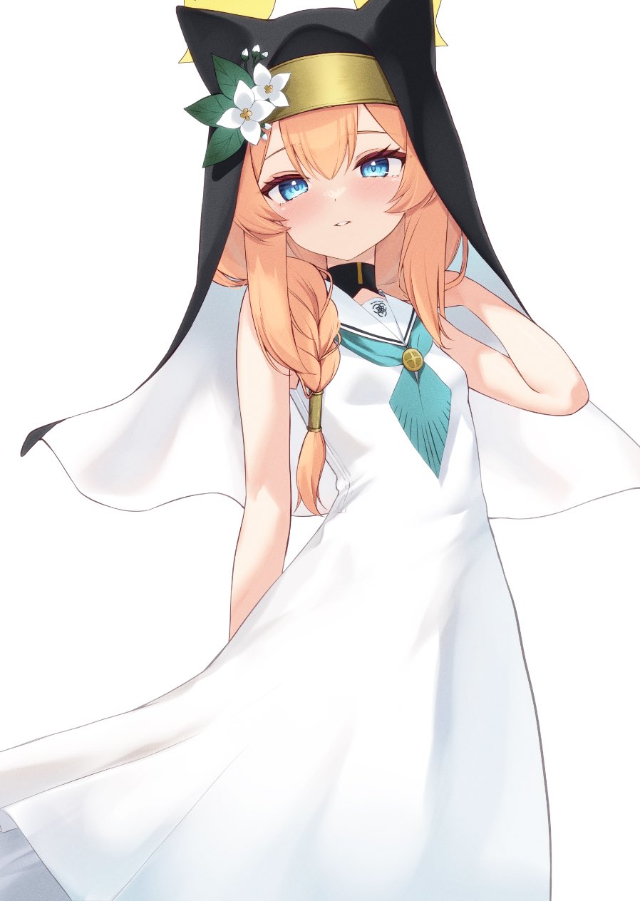 1girl animal_ear_headwear animal_ears black_veil blue_archive blue_eyes blush braid cat_ears dress fake_animal_ears flower flower_hat hair_between_eyes hair_over_shoulder hairband halo hat hat_flower highres long_hair looking_at_viewer mari_(blue_archive) nun orange_hair parted_lips sailor_collar simple_background single_braid sleeveless sleeveless_dress smile solo veil white_background white_dress white_flower white_hairband white_sailor_collar yellow_halo zarashi