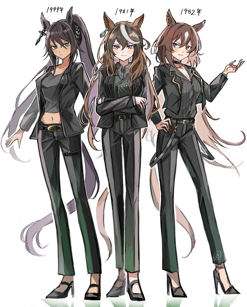 1981 1982 1999 3girls animal_ears belt black_belt black_choker black_footwear black_hair black_pants black_shirt blue_eyes brown_hair buttons choker closed_mouth collared_shirt commentary_request cropped_shirt crossed_arms dark-skinned_female dark_skin double-breasted ear_ornament earrings full_body hair_between_eyes hands_on_own_hips high_heels horse_ears horse_girl horse_tail jacket jewelry kumo_(mokumoku_warabi) long_hair midriff multicolored_hair multiple_girls navel open_clothes open_jacket pants pendant_choker purple_eyes red_eyes shirt simple_background single_earring sirius_symboli_(umamusume) smile streaked_hair symboli_kris_s_(umamusume) symboli_rudolf_(umamusume) tail thigh_strap translation_request umamusume very_long_hair vest white_background white_hair
