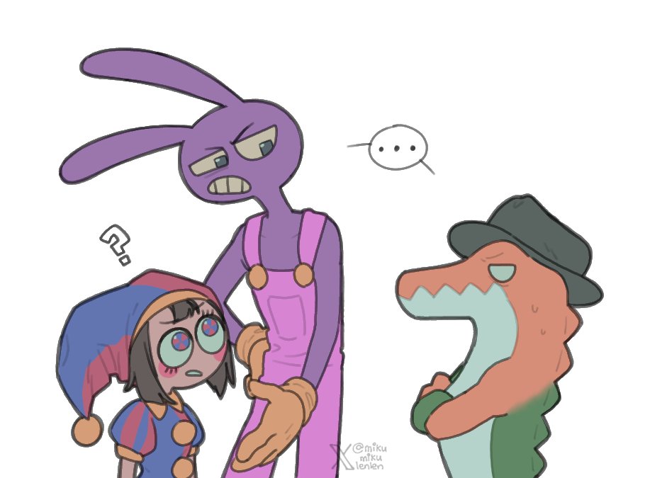 1girl 2boys ariamikukanzaki crocodile_boy dentures gummigoo hat hat_bell jax_(the_amazing_digital_circus) jester jester_costume lizardman multicolored_hat multiple_boys pomni_(the_amazing_digital_circus) striped_clothes striped_headwear the_amazing_digital_circus vertical-striped_bodysuit vertical-striped_clothes vertical-striped_headwear