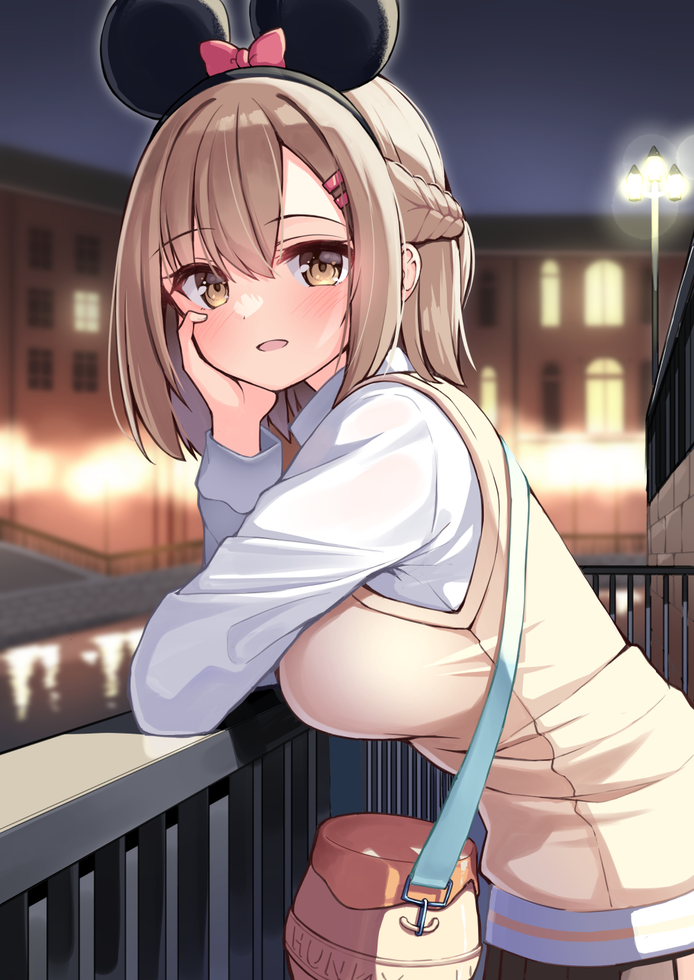 1girl animal_ears bag blurry blurry_background blush bow braid breasts brown_eyes brown_hair brown_skirt building childhood_friend_(ominaeshi) collared_shirt commentary_request depth_of_field fake_animal_ears from_side hair_between_eyes hair_ornament hairclip hand_up highres lamppost long_sleeves looking_at_viewer looking_to_the_side medium_breasts minnie_mouse_ears mouse_ears night night_sky ominaeshi_(takenoko) open_mouth original outdoors pleated_skirt railing red_bow shirt shoulder_bag skirt sky smile solo sweater_vest white_shirt window