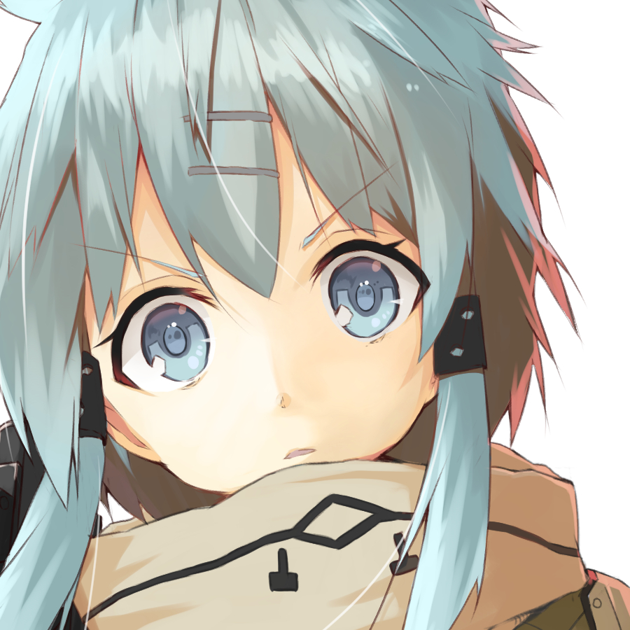 1girl blue_eyes blue_hair female_focus grey_scarf hair_ornament hairclip looking_at_viewer parted_lips portrait scarf short_hair_with_long_locks sidelocks sinon solo sword_art_online tsuru_(tsubasa1993621) v-shaped_eyebrows white_background