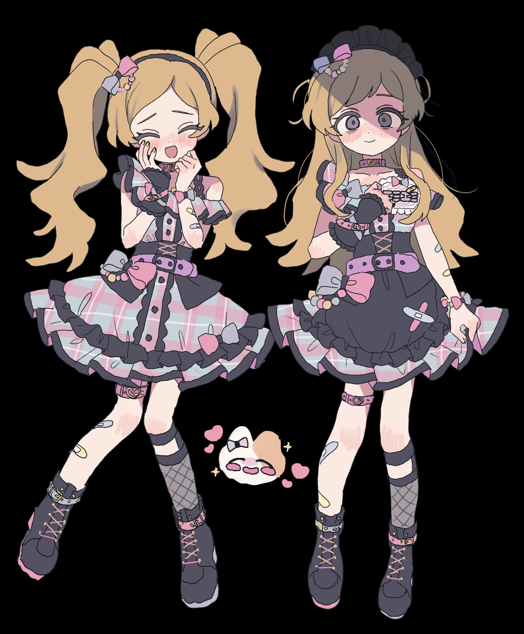 1girl asymmetrical_dress bandaid bandaid_on_arm bandaid_on_leg black_background black_boots black_hairband black_headdress blonde_hair blush boots bow closed_eyes closed_mouth collar dress dress_bow emily_stewart fishnet_socks fishnets full_body hair_down hairband hands_up heart heart_collar highres idolmaster idolmaster_million_live! idolmaster_million_live!_theater_days long_hair multiple_views official_alternate_costume open_mouth parted_bangs pink_collar pnt_0202 purple_eyes simple_background single_sock socks sparkle thigh_strap twintails two-tone_bow two-tone_dress yandere