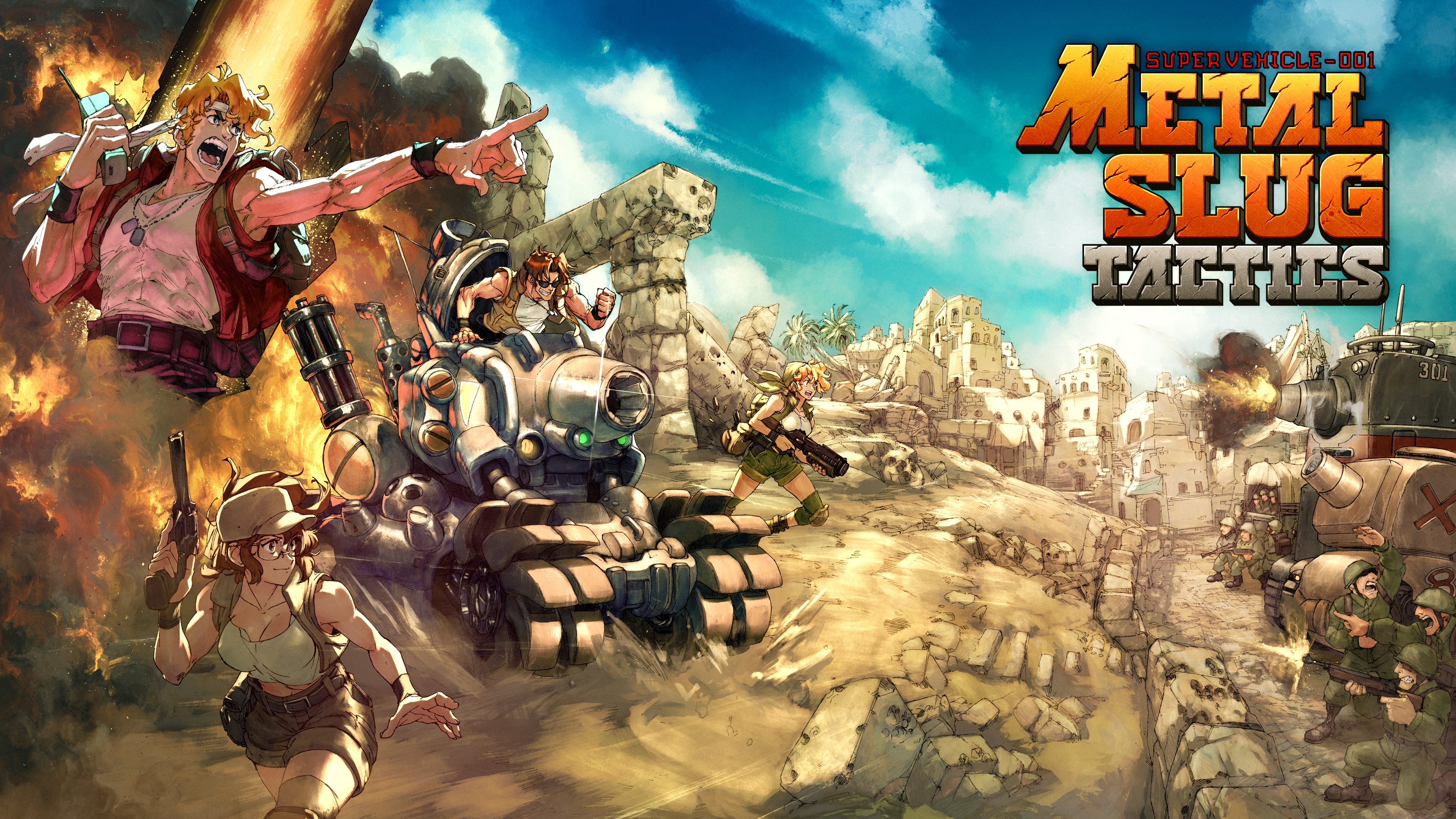 absurdres bandana baseball_cap breasts brown_eyes brown_hair cleavage crop_top david_liu explosive fio_germi flak_jacket glasses green_bandana grenade gun hat highres holding holding_gun holding_walkie-talkie holding_weapon jacket kasamoto_eri knee_pads large_breasts marco_rossi metal_slug metal_slug_tactics midriff multiple_boys multiple_girls official_art open_clothes open_vest ponytail round_eyewear shorts sleeveless snk socket_wrench solo_focus standing stielhandgranate sv001_(metal_slug) tarma_roving tool_belt vest walkie-talkie weapon