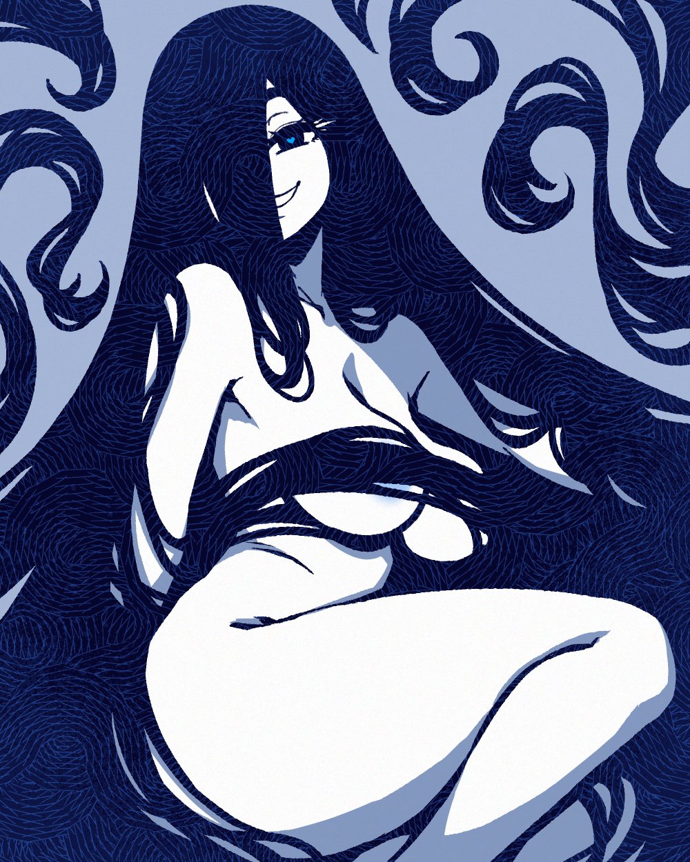 1girl akairiot black_hair breasts hair_over_breasts hair_over_one_eye heart heart-shaped_pupils highres large_breasts long_hair looking_at_viewer nude original simple_background smile solo symbol-shaped_pupils very_long_hair