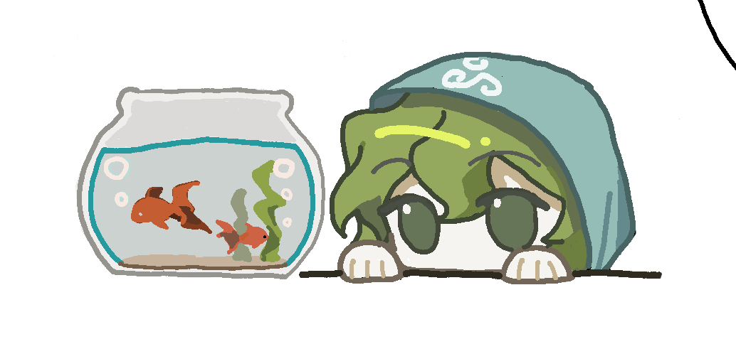 1other aaayamitsu androgynous blue_hood fish fishbowl goldfish green_eyes green_hair hair_between_eyes hashtag-only_commentary hood hood_up len&#039;en no_mouth no_nose other_focus shitodo_aoji simple_background solo white_background