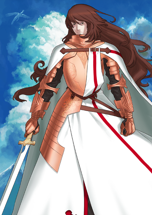 1boy armor arms_at_sides ascalon_(fate) blue_background blue_sky breastplate brown_eyes brown_hair cape chuuou_higashiguchi closed_mouth cloud dragon fate/grand_order fate_(series) faulds feet_out_of_frame gauntlets georgios_(fate) gorget holding holding_sword holding_weapon long_hair looking_at_viewer male_focus official_art orange_armor robe sky solo standing sword third-party_source weapon white_cape white_robe