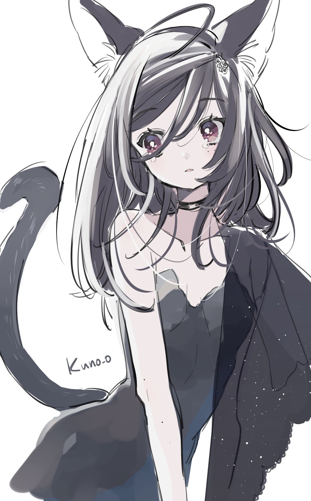 1girl animal_ear_fluff animal_ears artist_name bare_shoulders black_dress black_hair brown_eyes cat_ears cat_tail dress hair_between_eyes highres jikuno long_hair looking_at_viewer multicolored_hair open_mouth original simple_background solo tail tearing_up white_background white_hair