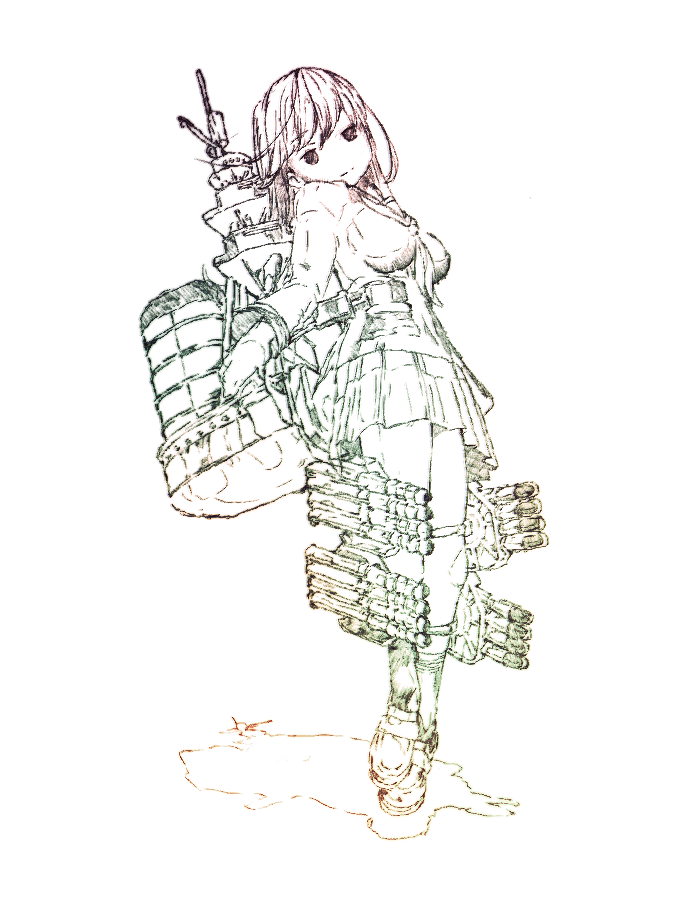10s 1girl belt female_focus full_body gradient_filter gurin33 kantai_collection leaning_forward loafers monochrome neckerchief ooi_(kancolle) shoes simple_background sketch skirt smokestack solid_circle_eyes solo torpedo_tubes white_background