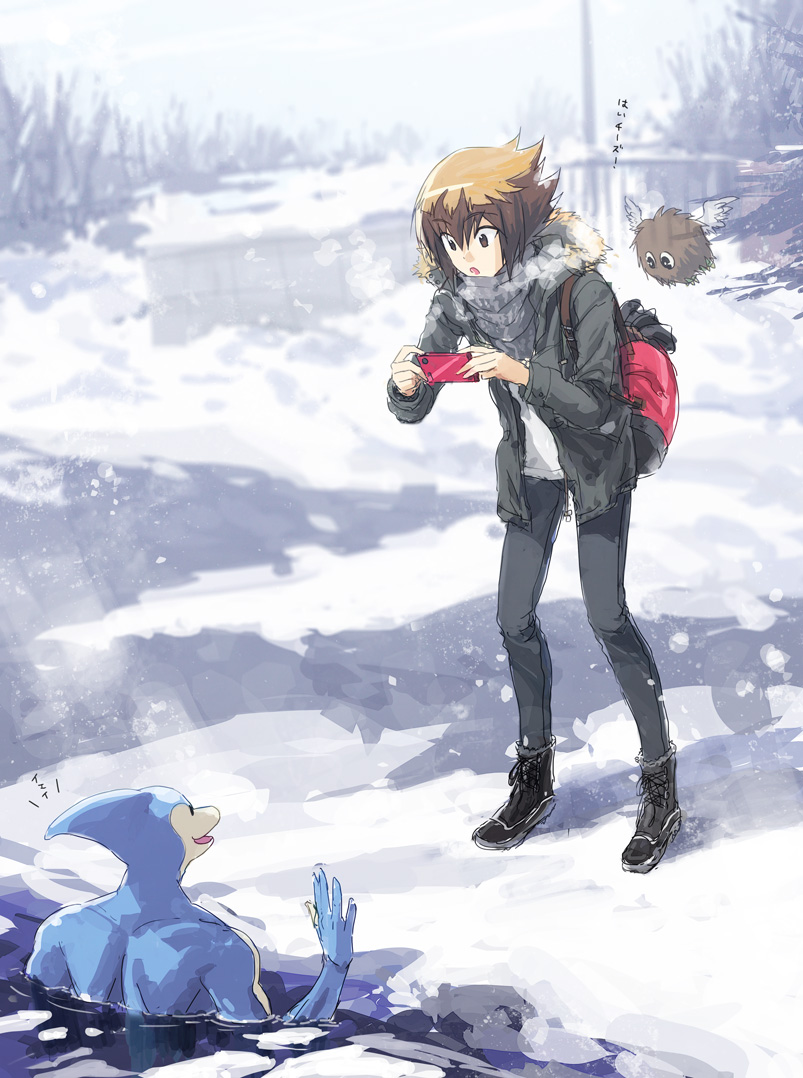 1boy bag black_footwear branch bridge brown_eyes brown_hair building duel_monster duel_spirit duffel_bag facing_to_the_side facing_viewer fur-trimmed_jacket fur_trim grey_jacket grey_pants grey_scarf holding holding_phone jacket looking_at_animal looking_to_the_side male_focus moribuden neo-spacian_aqua_dolphin open_clothes open_jacket outdoors pants phone scarf shirt snow snowing taking_picture tree water waving white_shirt winged_kuriboh yu-gi-oh! yu-gi-oh!_gx yuki_judai