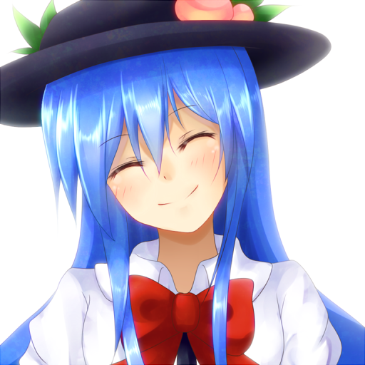 1girl bad_id bad_pixiv_id blush bow closed_eyes female_focus food fruit hat head_tilt hinanawi_tenshi leaf long_hair pandora-ex peach simple_background smile solo touhou very_long_hair