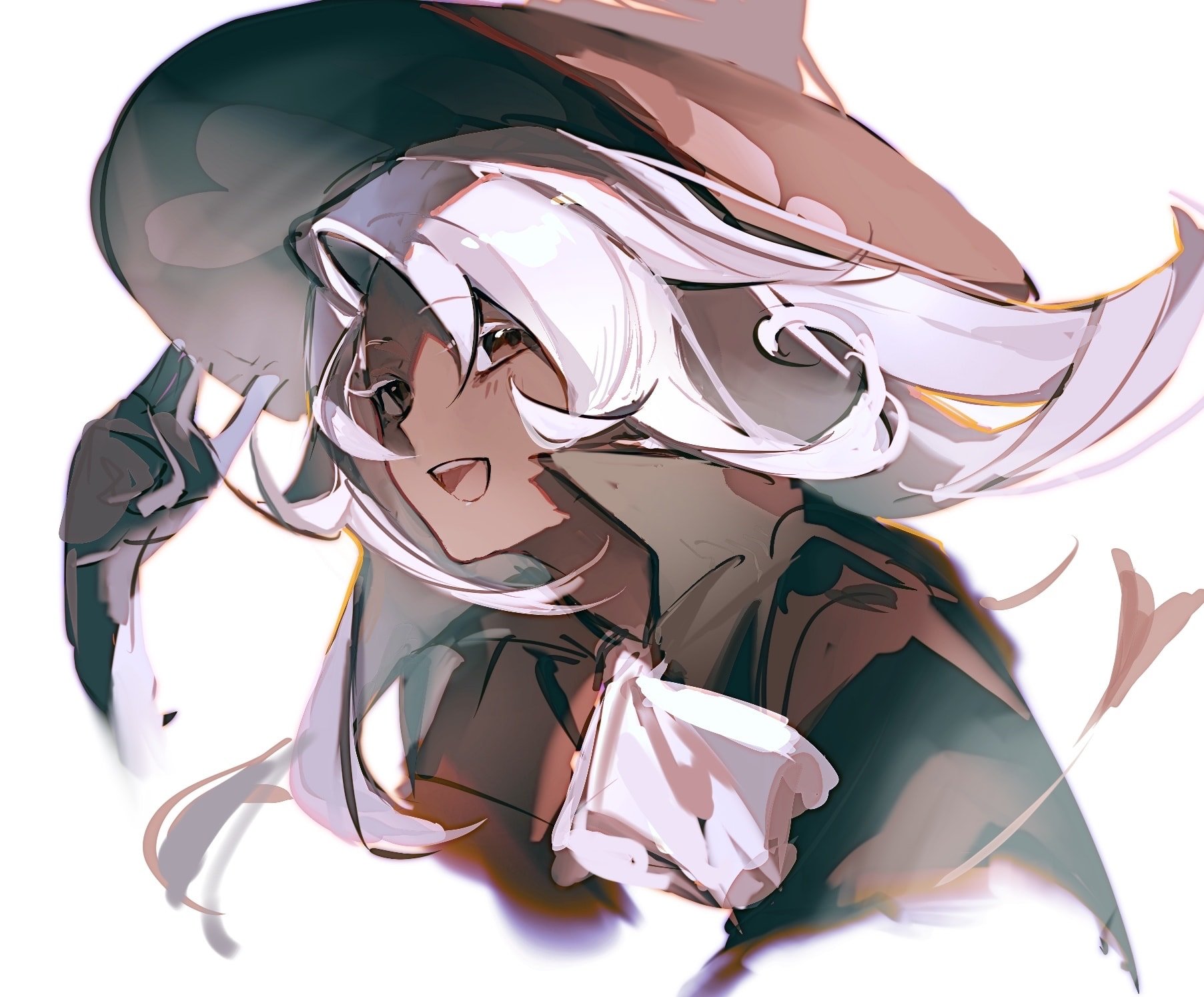 1girl adjusting_clothes adjusting_headwear blush brown_dress brown_eyes brown_hat cookie_run cookie_run:_kingdom dark-skinned_female dark_skin dress hat highres latte_cookie open_mouth pointy_hat senlly_2507 simple_background smile solo white_background white_hair