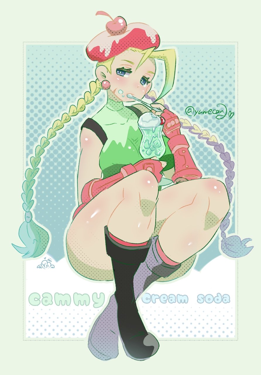 1girl blonde_hair blue_eyes boots breasts cammy_white eating food hay highres ice_cream large_breasts leotard long_hair sitting sleeveless street_fighter yumecan2