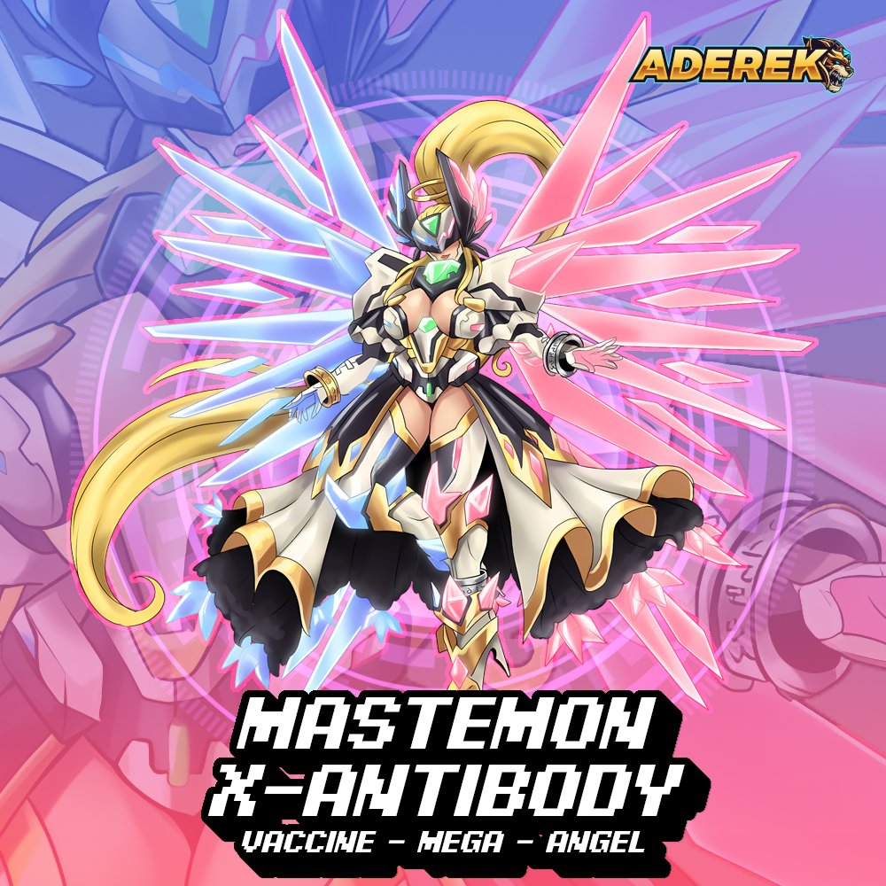 1girl aderek armor covered_eyes digimon digimon_(creature) female_focus fusion long_hair mask mastemon oridigi original solo wings x-antibody