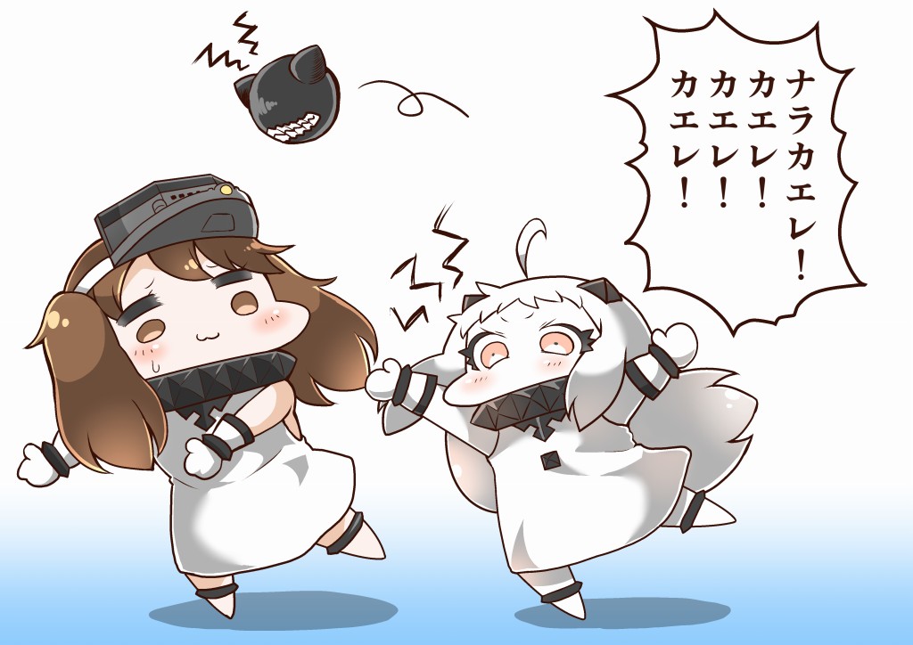 2girls :3 abyssal_ship ahoge alternate_costume brown_eyes brown_hair colored_skin comic cosplay dress horns kantai_collection long_hair mittens multiple_girls northern_ocean_hime_(cosplay) northern_ocean_princess pale_skin red_eyes ryuujou_(kancolle) sleeveless sleeveless_dress tanaka_kusao twintails visor_cap white_dress white_hair white_skin
