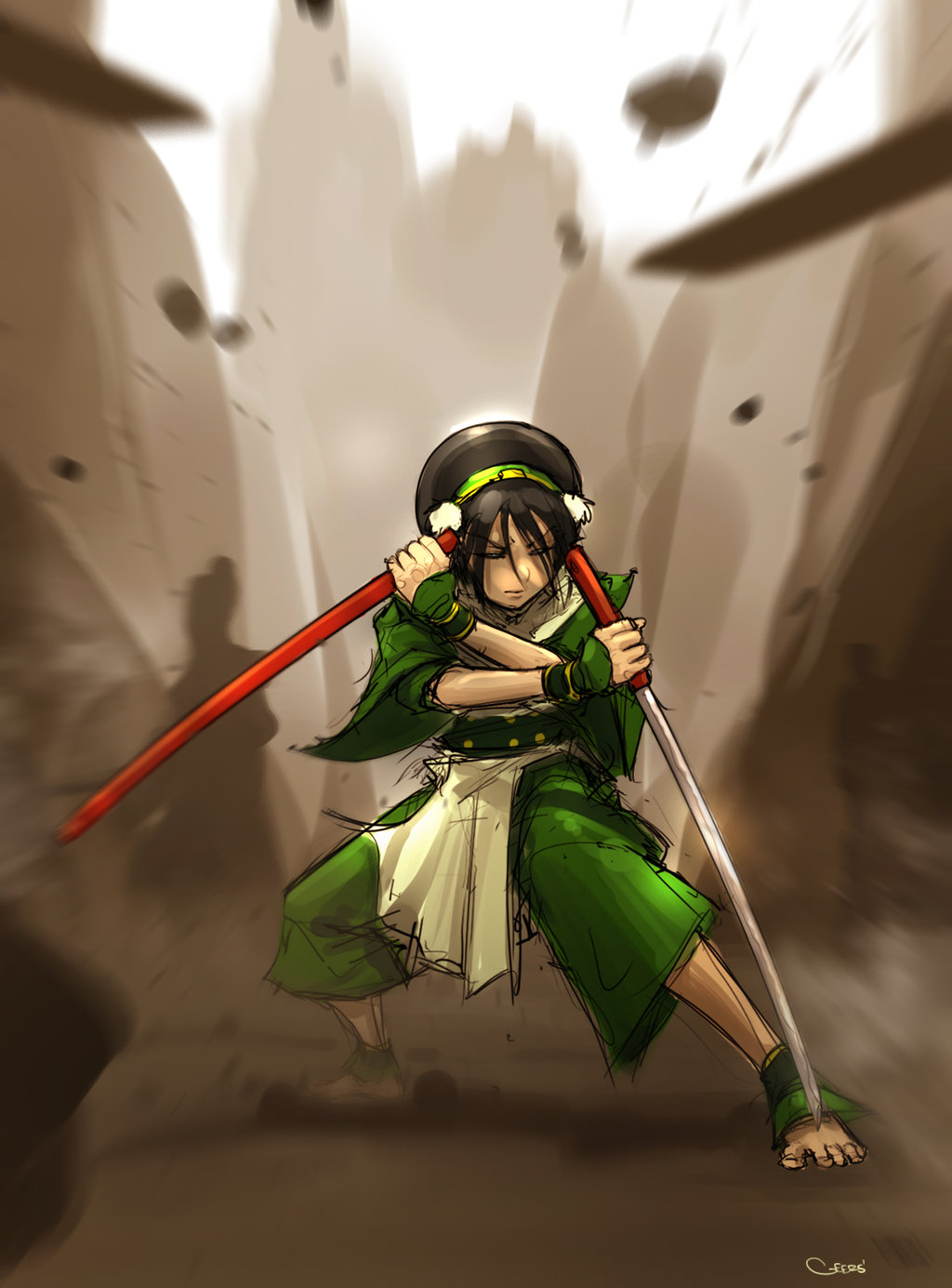 1girl ankle_cuffs anklet avatar:_the_last_airbender avatar_legends barefoot blind capri_pants chinese_clothes closed_eyes crossover darren_geers gradient_background highres jewelry katana pants parody reverse_grip sheath shirasaya sword toph_beifong weapon zatoichi