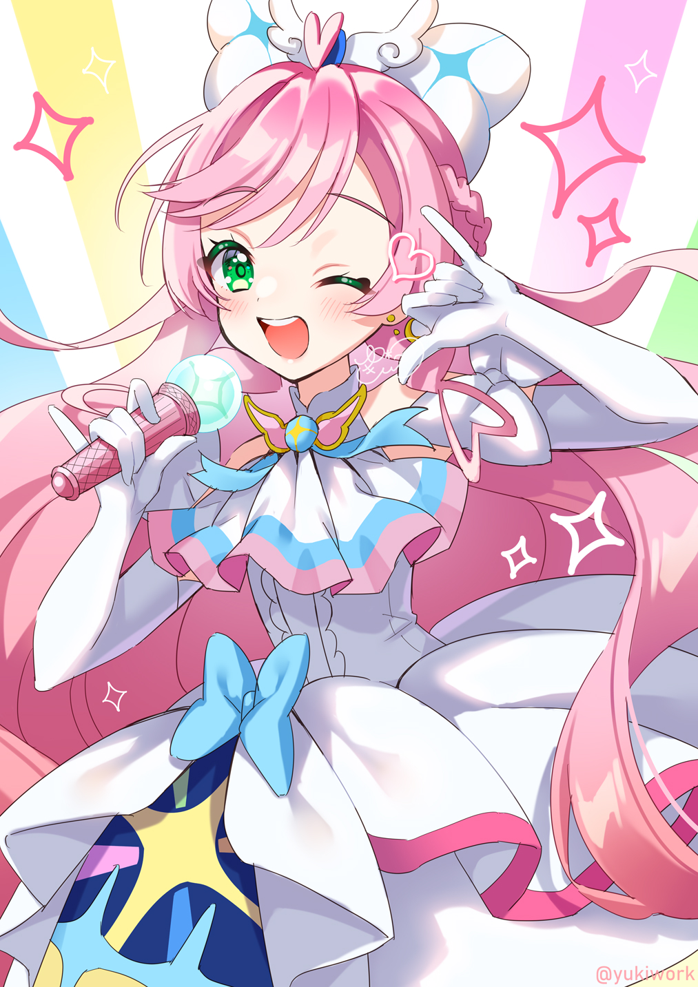 1girl ascot birthday bow braided_sidelock brooch cure_prism cut_bangs dress earrings elbow_gloves glove_bow gloves green_eyes hair_bow hair_ornament happy_birthday highres hirogaru_sky!_precure holding holding_microphone jewelry long_hair looking_at_viewer magical_girl microphone nijigaoka_mashiro one_eye_closed open_mouth pink_hair precure sky_mirage smile solo white_ascot white_bow white_gloves wing_brooch wing_hair_ornament yukinko_(yukiwork)