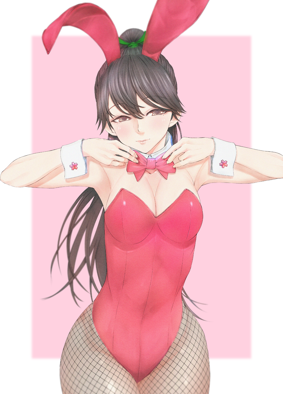 1girl alternate_costume animal_ears black_eyes black_hair bow bowtie breasts detached_collar fake_animal_ears fishnet_pantyhose fishnets highleg highleg_leotard highres houshou_(kancolle) kantai_collection leotard long_hair medium_breasts pantyhose playboy_bunny ponytail rabbit_tail red_bow red_bowtie red_leotard solo strapless strapless_leotard tail wrist_cuffs yuichi_(sp_sakura_yoshi)