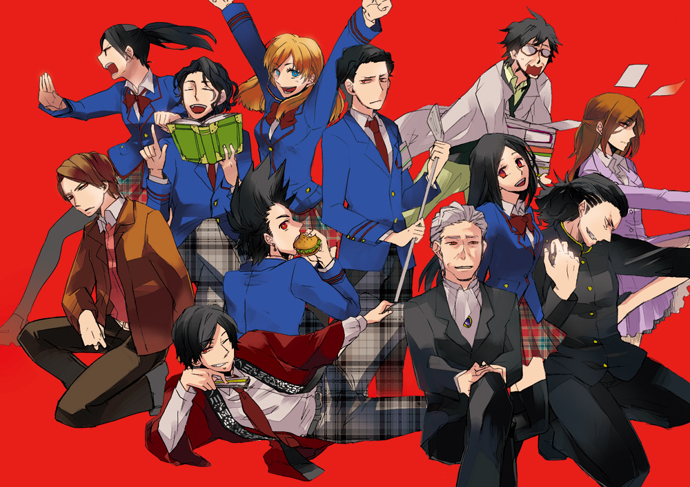4girls 6+boys ^_^ arms_up ascot bad_id bad_pixiv_id black_hair blazer blue_eyes book bow brown_hair burger closed_eyes dress_shirt eating emoto_kuniteru food formal_clothes gamou_mitsuaki gemini_zodiarts glasses golf_club goto_toujiro grey_hair grin hayami_kouhei jacket joujima_yuuki kamen_rider kamen_rider_fourze_(series) kijima_natsuji kuroki_ran lab_coat long_hair mayume multiple_boys multiple_girls necktie one_eye_closed open_mouth pants plaid_clothes plaid_pants plaid_skirt ponytail red_eyes robe school_uniform shirt skirt smile sonoda_sarina spiked_hair suda_erin sugiura_yuuta suit tatsugami_kou unmoving_pattern walnut wink yamada_tatsumori