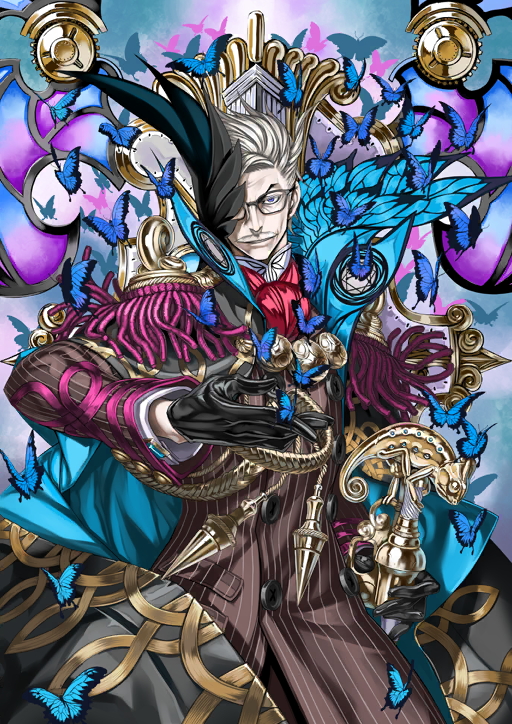 1boy aiguillette ascot black-framed_eyewear black_cape black_gloves blue_butterfly blue_cape blue_eyes brown_coat bug butterfly buttons cane cape chameleon coat cowboy_shot cuff_links double-breasted dress_shirt epaulettes facial_hair fate/grand_order fate_(series) glasses gloves grey_facial_hair grey_hair hand_up high_collar holding holding_cane honjou_raita insect james_moriarty_(archer)_(fate) layered_sleeves long_sleeves looking_at_viewer male_focus mature_male mustache official_art old old_man one_eye_covered pinstripe_coat red_ascot shirt short_hair smile solo third-party_source too_many too_many_butterflies two-sided_cape two-sided_fabric v-shaped_eyebrows white_shirt wrinkled_skin
