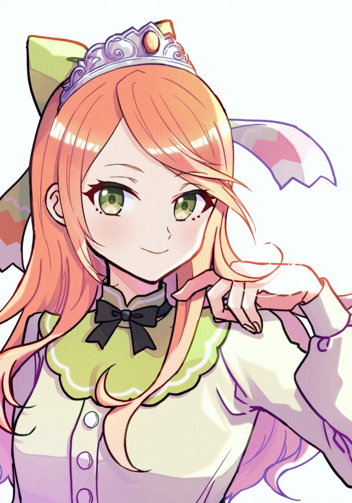 1girl black_bow black_bowtie bow bowtie etie_(fire_emblem) fire_emblem fire_emblem_engage gem gogatsu_(yeaholiday) green_bow green_eyes green_shirt long_hair looking_at_viewer nintendo orange_gemstone orange_hair shirt solo swept_bangs tiara