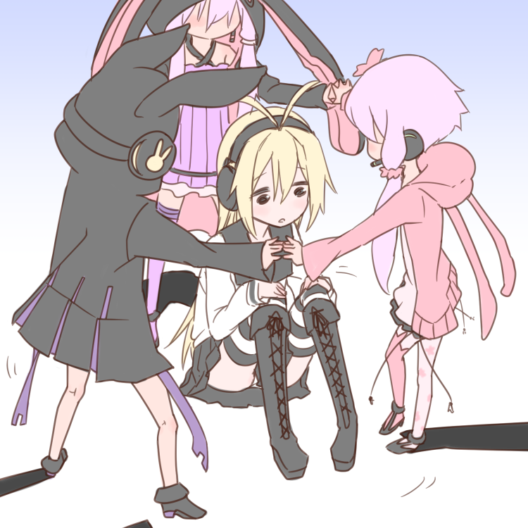 4girls \||/ animal_hood antenna_hair asymmetrical_legwear behind-the-head_headphones black_coat black_eyes black_footwear black_sailor_collar black_skirt black_thighhighs blonde_hair boots circle_formation coat commentary_request criss-cross_halter cross-laced_footwear dress faceless faceless_female facing_another gradient_background halter_dress halterneck hands_on_own_knees headphones headset hood hood_down hood_up hooded_coat hoodie knee_boots knees_up long_hair long_sleeves miniskirt mismatched_legwear multiple_girls multiple_persona open_clothes open_hoodie open_mouth outstretched_arms panties panty_peek pantyhose pink_hoodie pink_pantyhose pink_thighhighs pleated_skirt purple_dress purple_hair purple_thighhighs rabbit_hood sailor_collar school_uniform serafuku shadow shirt short_dress short_hair_with_long_locks single_leg_pantyhose single_thighhigh sitting skirt striped_clothes striped_thighhighs surrounded thighhighs tsurumaki_maki underwear vocaloid voiceroid white_panties white_shirt yamadori_seika yuzuki_yukari yuzuki_yukari_(lin) yuzuki_yukari_(onn)