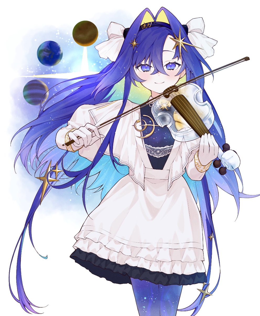 1girl black_hairband blonde_hair blue_eyes blue_hair bow_(music) closed_mouth colored_inner_hair cowboy_shot dress earth_(planet) floating_hair gloves gradient_hair hair_between_eyes hair_intakes hair_ornament hairband highres holding holding_bow_(music) holding_instrument holding_violin instrument juliet_sleeves jupiter_(planet) long_hair long_sleeves mr_(1937mrtary) multicolored_hair music pantyhose planet playing_instrument puffy_sleeves reverse:1999 short_dress smile solo star_(sky) star_(symbol) star_hair_ornament starry_skin violin voyager_(reverse:1999) white_background white_dress white_gloves