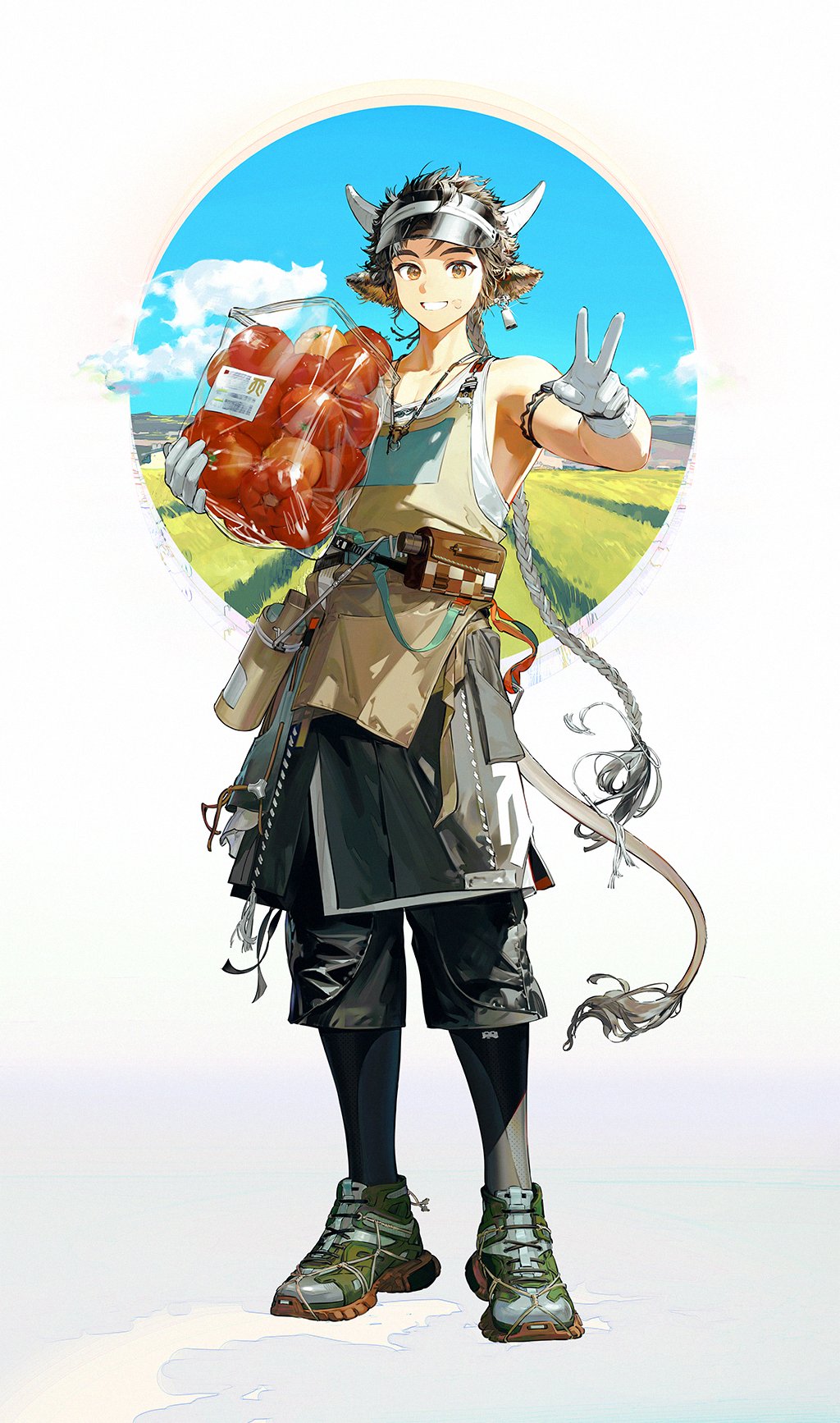 1boy :d animal_ears apple arknights arm_strap armpits bag bare_shoulders belt belt_pouch black_hair black_shorts braid brown_eyes cow_boy cow_ears cow_horns cow_tail earrings food fruit full_body gloves green_shoes grin highres holding holding_bag horns jewelry long_hair looking_at_viewer male_focus necklace official_alternate_costume open_mouth parted_lips pouch revision shoes shorts single_braid smile solo standing tail v very_long_hair visor_cap wan_qing_(arknights) wan_qing_(tons_of_sunshine)_(arknights) white_gloves yyb