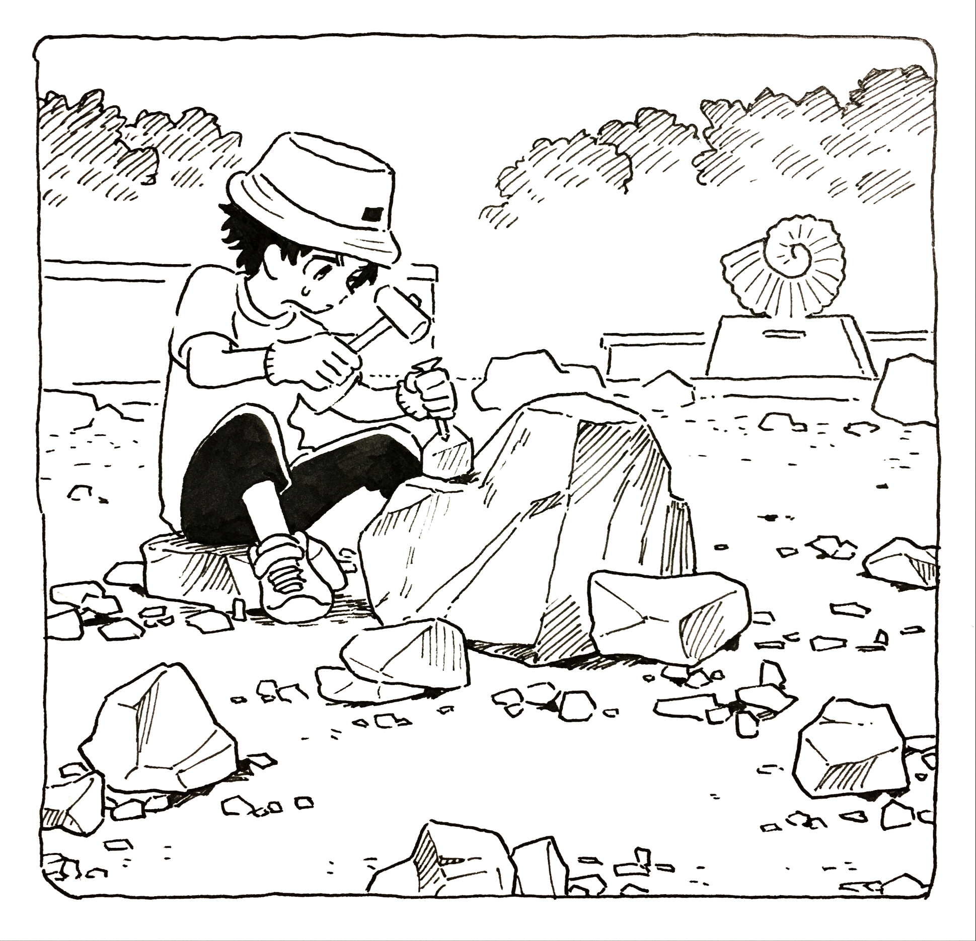 1boy closed_mouth commentary_request gloves greyscale hammer hat helix_fossil highres holding holding_hammer male_focus monochrome muji_(uimss) original outdoors pants rock shirt shoes short_hair short_sleeves sneakers solo sweat