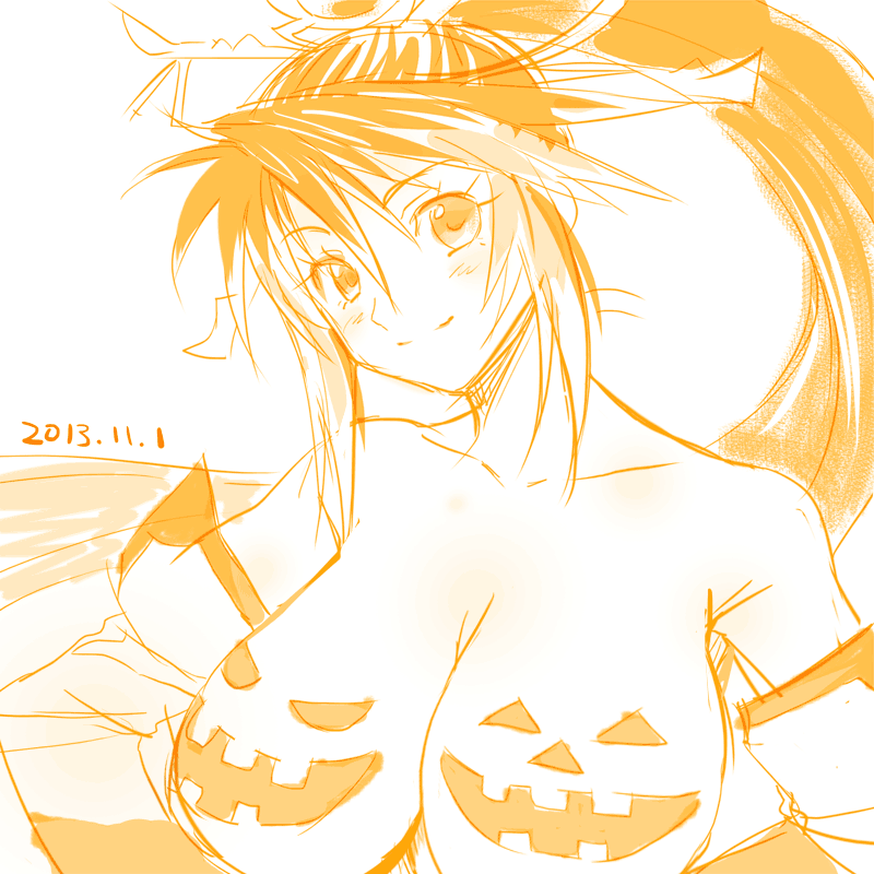 1girl 2013 breasts cleavage closed_mouth dated halloween haruyama_kazunori jack-o&#039;-lantern large_breasts long_hair looking_at_viewer monochrome nanbu_kaguya orange_theme ponytail project_x_zone simple_background smile solo super_robot_wars super_robot_wars_og_saga_mugen_no_frontier white_background