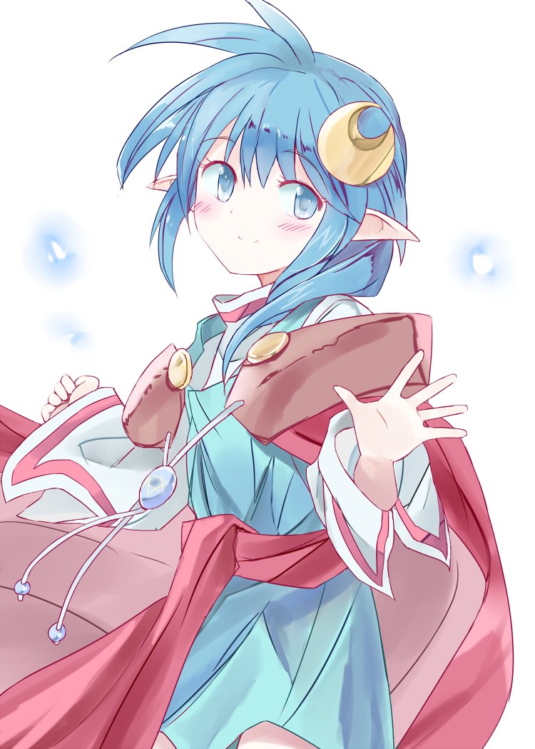 1girl ahoge blue_eyes blue_hair blue_skirt cape closed_mouth crescent crescent_hair_ornament hair_ornament hayate_(higan_sakura) long_sleeves looking_at_viewer pointy_ears red_cape rena_lanford shirt short_hair simple_background skirt smile solo standing star_ocean star_ocean_ex star_ocean_the_second_story white_background white_shirt