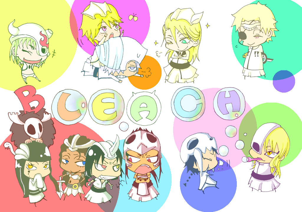 abirama_redder arrancar ayon black_hair bleach blonde_hair brown_hair bubble bug butterfly chibi copyright_name cyan_sung-sun dark_skin di_roy_rinker emilou_apacci eyepatch findorr_calius franceska_mila_rose ggio_vega heterochromia hole horns bug jouhatsu lilynette_gingerbuck long_hair open_mouth short_hair smile snake tesra_lindocruz wonderweiss_margela yylfordt_granz