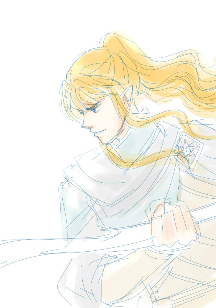 1boy armor blonde_hair cape celegorm elf floating_hair holding holding_sword holding_weapon long_hair male_focus mintkim parted_lips pointy_ears prince profile simple_background solo sword the_silmarillion tolkien&#039;s_legendarium upper_body weapon white_background