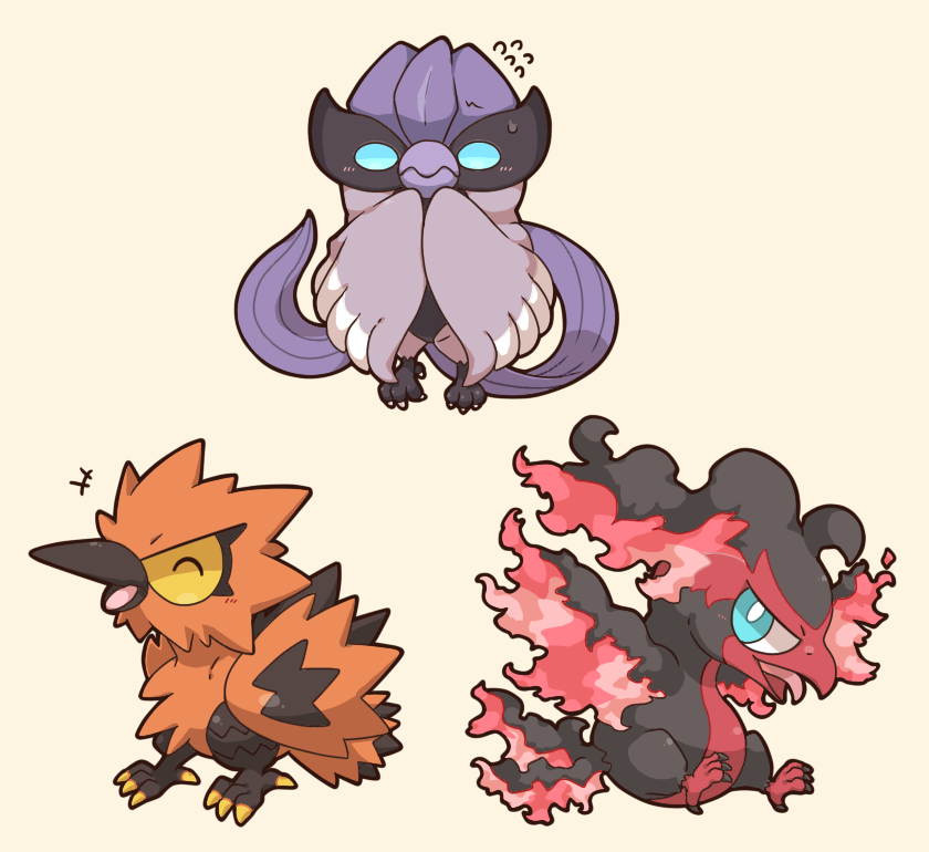 +++ 2027_(submarine2027) ^_^ blue_eyes blush bright_pupils chibi closed_eyes closed_mouth colored_sclera commentary_request flying_sweatdrops galarian_articuno galarian_form galarian_moltres galarian_zapdos gen_8_pokemon legendary_pokemon looking_at_viewer nintendo no_humans open_mouth pokemon pokemon_(creature) simple_background smile sweatdrop talons tongue v-shaped_eyebrows white_pupils yellow_background yellow_sclera