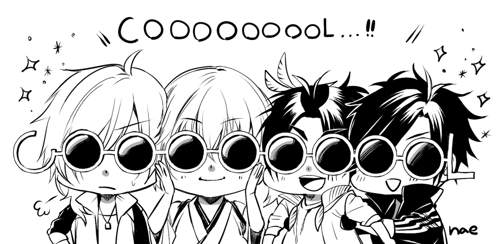 10s 4boys :d amano_nae artist_name chibi feather_hair_ornament feathers gloves greyscale feather_hair_ornament jacket japanese_clothes male_focus monochrome multiple_boys ookurikara open_mouth shokudaikiri_mitsutada smile sparkle sunglasses taikogane_sadamune touken_ranbu touken_ranbu:_hanamaru track_jacket tsurumaru_kuninaga upper_body white_background