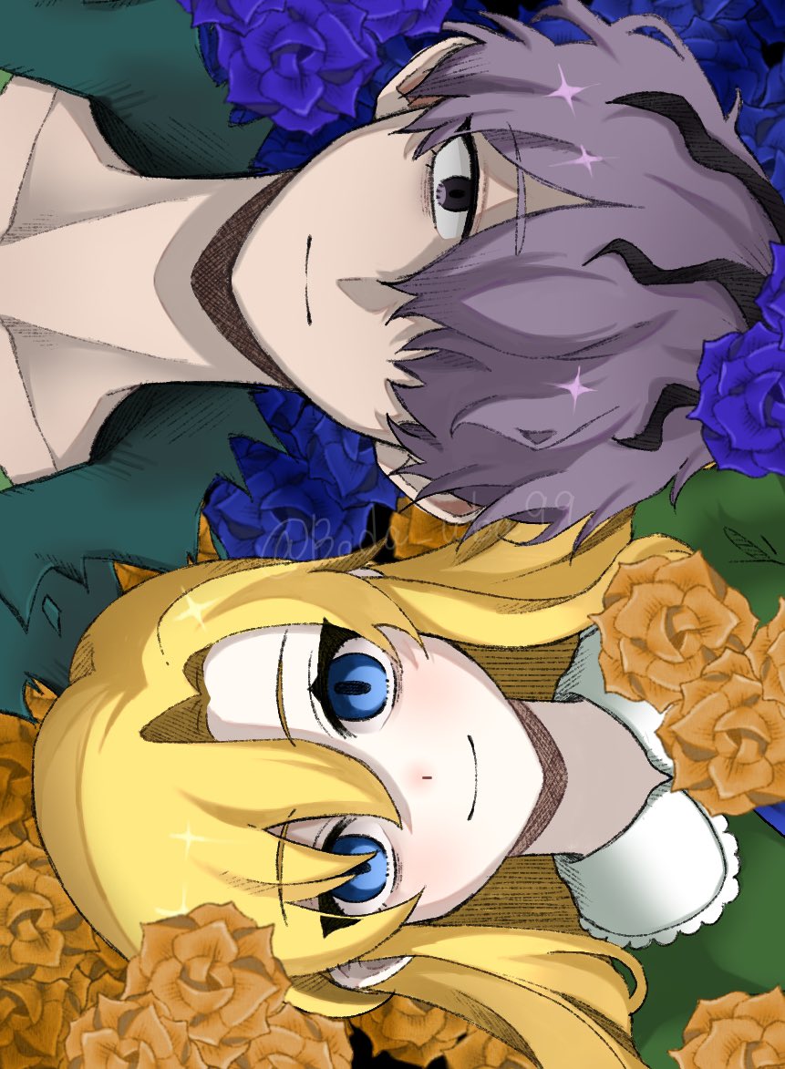 1boy 1girl blonde_hair blue_eyes blue_flower blue_rose boda_uba99 flower garry_(ib) green_jacket hair_between_eyes hair_over_one_eye ib_(kouri) jacket looking_at_viewer mary_(ib) one_eye_covered purple_eyes purple_hair rose rotational_symmetry smile twitter_username yellow_flower yellow_rose