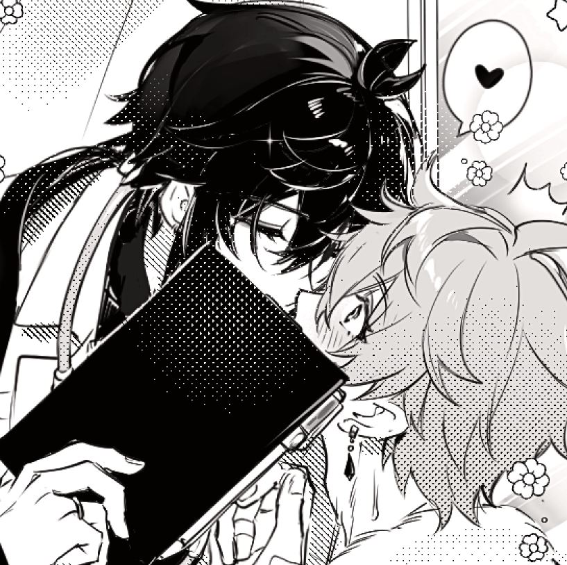 2boys couple genshin_impact greyscale hamtaru542899 heart kiss monochrome mors_gn multiple_boys notebook surprised tartaglia_(genshin_impact) twitter white_background yaoi zhongli_(genshin_impact)