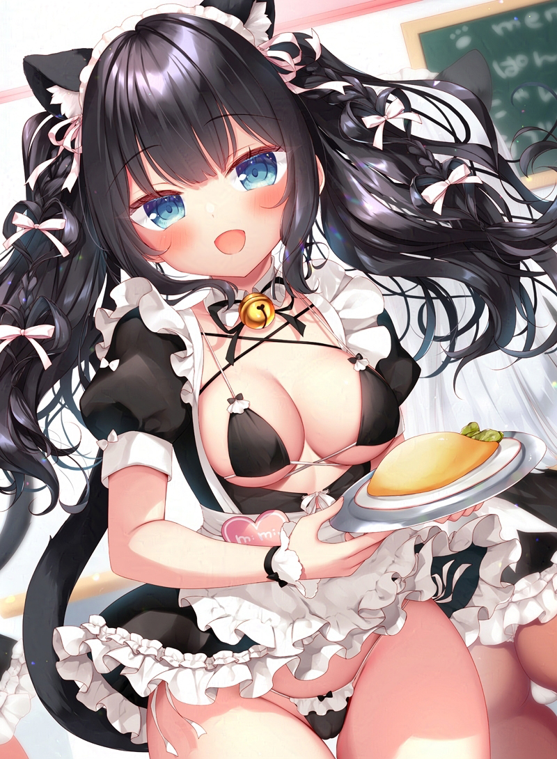 1girl animal_ears bell bikini black_bikini black_hair blue_eyes blush breasts cameltoe cat_ears cat_girl cat_tail food hair_ribbon holding holding_plate long_hair looking_at_viewer maid maid_bikini medium_breasts neck_bell omelet omurice open_mouth original plate ribbon sazaki_ichiri smile solo swimsuit tail unconventional_maid