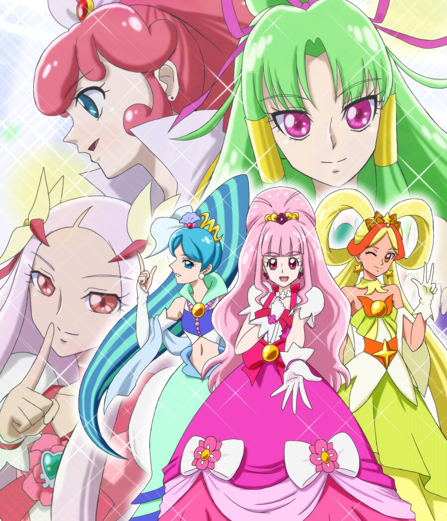 10s 6+girls :d aqua_hair bare_shoulders beads blue_eyes blue_hair bow breasts brooch chieri_(go!_princess_precure) cure_empress cure_flower cure_mirage detached_collar detached_sleeves dokidoki!_precure dress earrings finger_to_mouth gloves go!_princess_precure gradient_background green_hair grin hair_bun hair_ornament hair_ribbon hair_rings hair_tubes hanasaki_kaoruko happinesscharge_precure! heart heartcatch_precure! high_ponytail index_finger_raised jewelry light_purple_hair light_smile long_hair looking_at_viewer low_twintails magical_girl midriff moritakusan multicolored_hair multiple_girls narrow_waist navel one_eye_closed open_mouth orange_eyes orange_hair outstretched_hand pink_eyes pink_hair ponytail precure previous_cure_flora previous_cure_mermaid previous_cure_twinkle profile purple_eyes queen_mirage ribbon seashell sei_(go!_princess_precure) shawl shell sidelocks single_hair_bun sleeves_past_wrists small_breasts smile sparkle spoilers star_(symbol) star_earrings streaked_hair tan toei_animation twintails two-tone_hair very_long_hair wavy_hair yura_(go!_princess_precure)