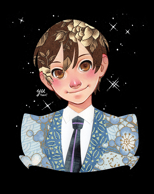 1girl androgynous black_background black_necktie blazer blue_jacket brown_eyes brown_hair closed_mouth collared_shirt commentary crossdressing crossdressing_(ftm) english_commentary floral_print fujioka_haruhi jacket long_sleeves looking_at_viewer necktie ouran_high_school_host_club ouran_high_school_uniform paper_cutout_(medium) papercraft_(medium) patterned_hair print_jacket purple_necktie reverse_trap school_uniform shirt short_hair signature simple_background smile solo sparkle two-tone_necktie unconventional_media white_shirt yutaan