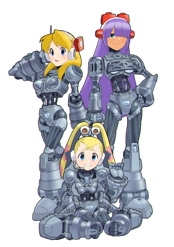 3girls alia_(mega_man) android aqua_eyes blonde_hair blue_eyes cable dark-skinned_female dark_skin hair_over_one_eye hairband hand_on_own_head hand_on_own_hip headset hypericum_(mppv1862) joints layer_(mega_man) long_hair mechabare mega_man_(series) mega_man_x8 mega_man_x_(series) multiple_girls pallette_(mega_man) piston purple_hair robot_joints sitting standing very_long_hair wariza white_background
