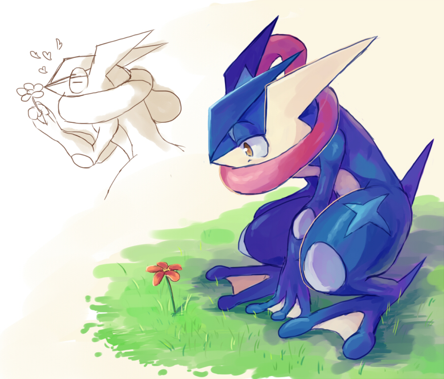 brown_eyes closed_eyes commentary flower gen_6_pokemon grass greninja hanada_(cobalt003) holding looking_down nintendo no_humans pokemon pokemon_(creature) shadow simple_background tongue tongue_out white_background