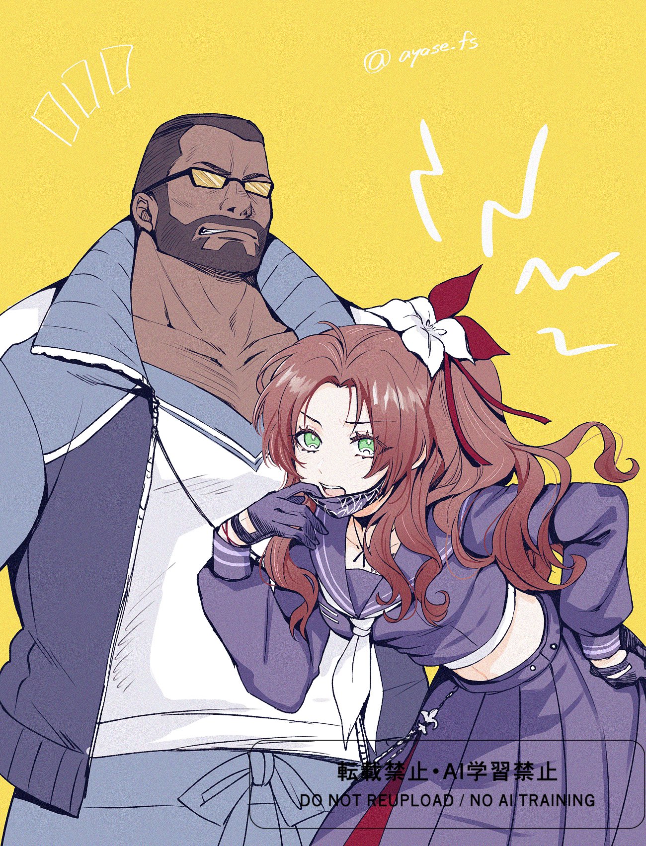 1boy 1girl aerith_gainsborough aerith_gainsborough_(midgard_seventh_high_school) ayase_fs bandaged_chest barret_wallace barret_wallace_(midgard_seventh_high_school) beard black_gloves black_hair black_mask black_shirt black_skirt bracelet breasts brown_hair clenched_teeth crop_top dark-skinned_male dark_skin delinquent facial_hair final_fantasy final_fantasy_vii final_fantasy_vii_ever_crisis flower furrowed_brow gloves green_eyes grey_pants hair_flower hair_ornament hair_ribbon hand_on_own_hip highres jacket jewelry leaning_forward long_hair long_skirt mask mask_pull medium_breasts midriff mouth_mask neckerchief official_alternate_costume open_mouth pants parted_bangs pleated_skirt ponytail red_ribbon ribbon school_uniform shirt short_hair side_ponytail sidelocks skirt sukeban sunglasses teeth track_jacket twitter_username very_short_hair white_flower white_neckerchief white_shirt yellow_background