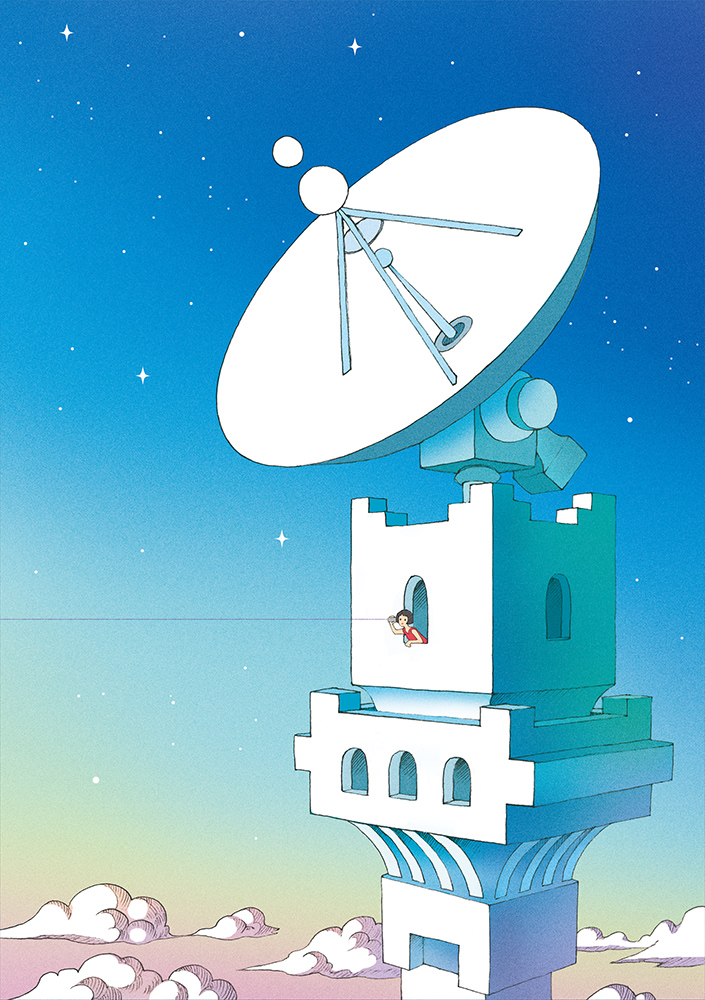 1girl brown_hair cloud dress original phone scenery sky solo star_(sky) starry_sky string string_phone yukoiwase