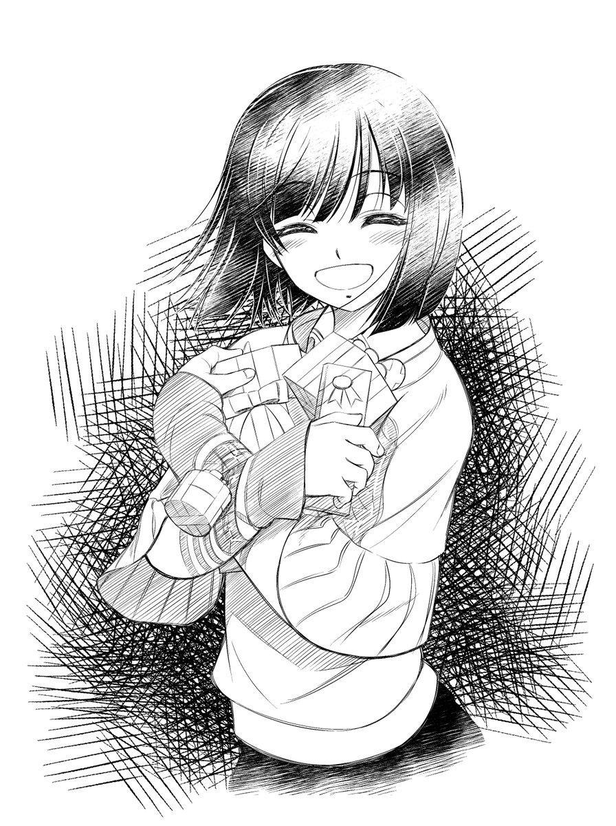 1girl black_hair blush chaos;child closed_eyes crossed_arms eibon gift highres holding holding_gift long_sleeves looking_at_viewer monochrome open_mouth shirt shirt_under_sweater short_hair smile solo sweater swept_bangs tachibana_yui
