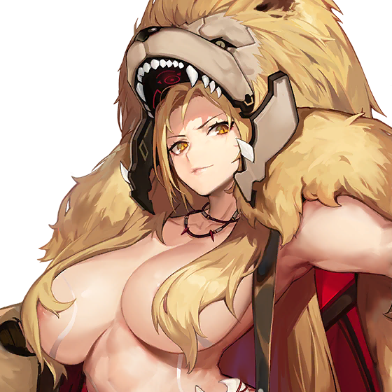 1girl areola_slip armpits blonde_hair body_markings breasts cape closed_mouth female_focus from_below fur_cape fur_hood game_cg hair_censor jam_(nandade) jewelry large_breasts last_origin lion_hood long_hair looking_at_viewer necklace nipples_covered official_art queen_of_mane slit_pupils smile toned toned_female topless_female transparent_background upper_body yellow_eyes