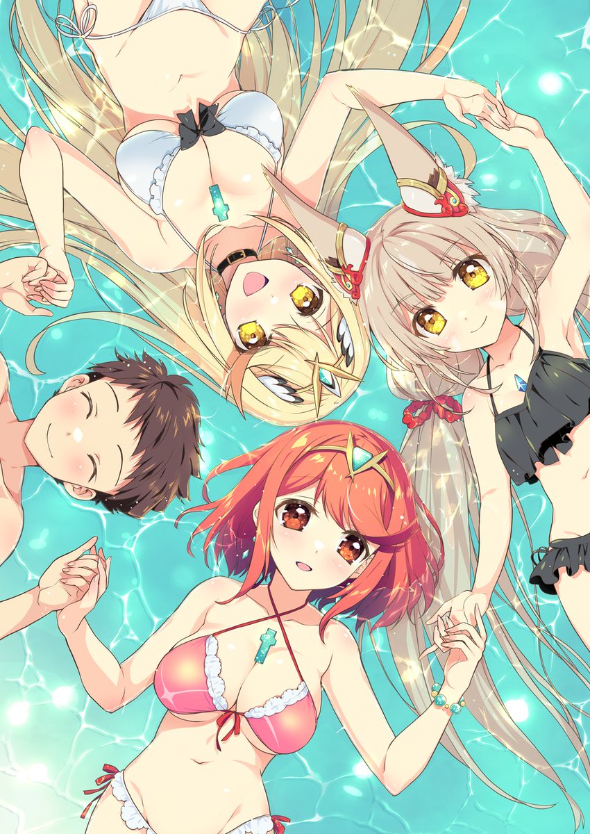 1boy 3girls alternate_costume breasts highres husband_and_wives large_breasts multiple_girls mythra_(xenoblade) nia_(xenoblade) pyra_(xenoblade) rex_(xenoblade) watsuki_ayamo xenoblade_chronicles_(series) xenoblade_chronicles_2