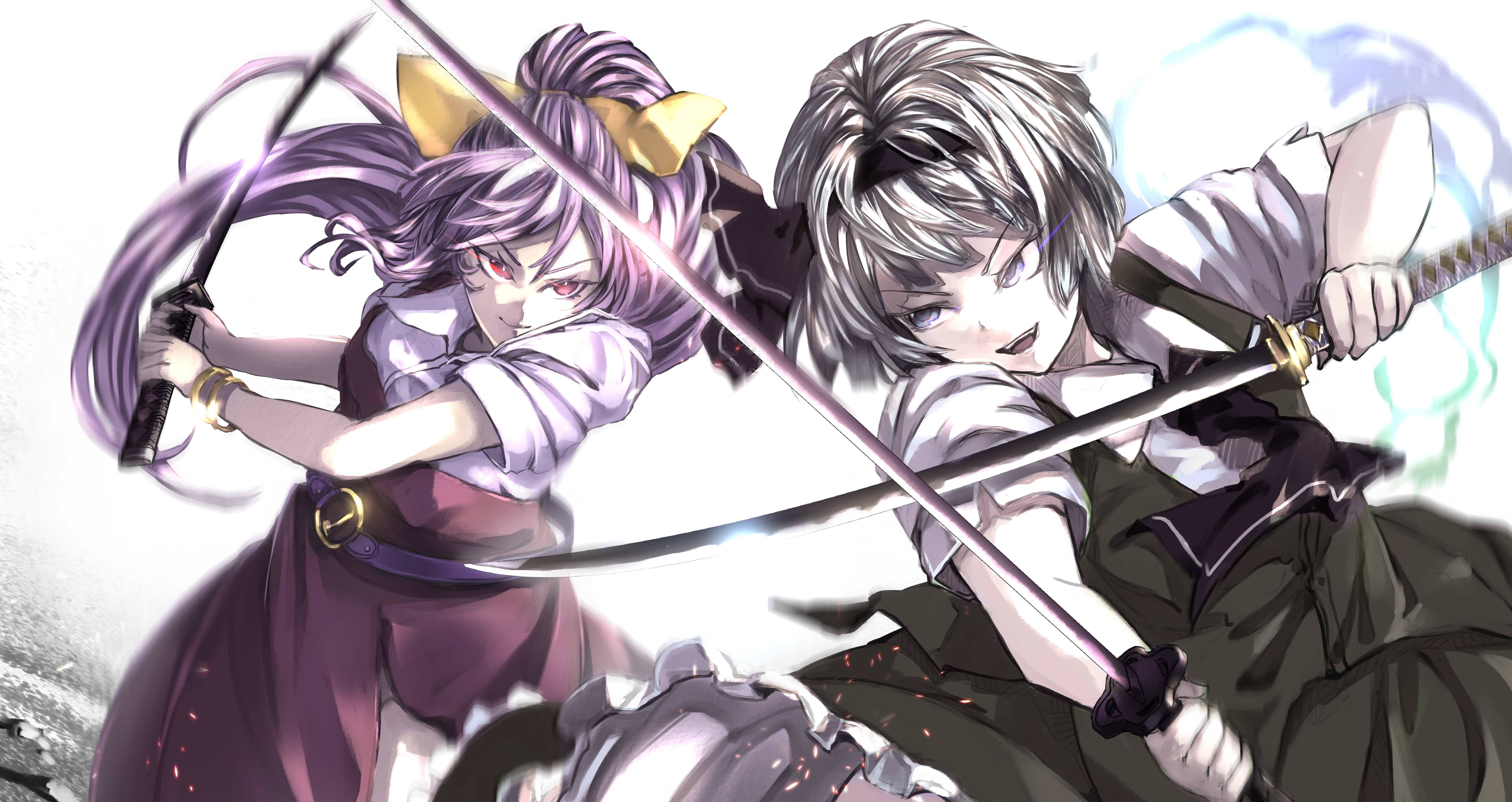 2girls absurdres amatou3 belt black_hairband bow bracelet closed_mouth collared_shirt dual_wielding frilled_skirt frills glowing glowing_eyes green_skirt green_vest grey_hair hair_bow hairband highres holding holding_sword holding_weapon jewelry katana konpaku_youmu light_smile looking_at_viewer multiple_girls open_mouth outdoors pink_hair purple_eyes red_eyes shirt simple_background skirt sword touhou v-shaped_eyebrows vest watatsuki_no_yorihime weapon white_background white_shirt yellow_bow