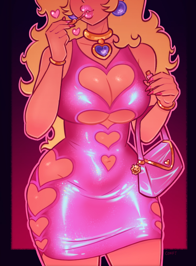 1girl applying_makeup applying_own_makeup bag black_border blonde_hair blue_gemstone border bowser_logo bracelet breasts charm_(object) choker cleavage cleavage_cutout clothing_cutout commentary confiserie dress earrings elbow_carry english_commentary fingernails gem gold_choker gradient_background handbag head_out_of_frame heart heart_choker heart_cutout hip_vent jewelry large_breasts lipgloss long_fingernails long_hair mario_(series) navel_cutout nintendo no_bra no_panties outline outside_border pendant_choker pink_dress pink_lips pink_nails pink_outline princess_peach shiny_clothes short_dress solo tan thick_lips underboob underboob_cutout very_long_hair