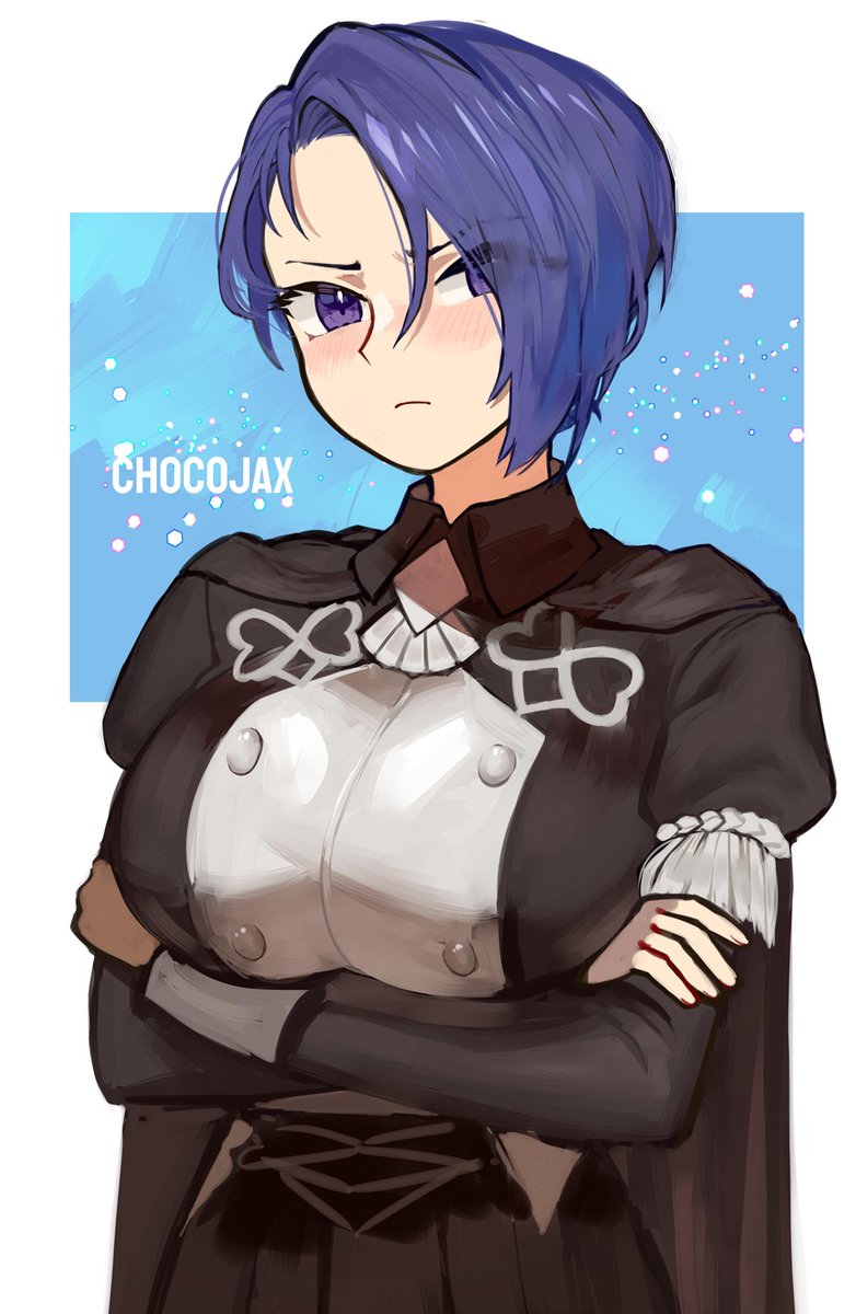 1girl alternate_costume arms_under_breasts artist_name black_cape blush breasts buttons cape chocojax closed_mouth commentary crossed_arms english_commentary fire_emblem fire_emblem:_three_houses garreg_mach_monastery_uniform highres large_breasts long_sleeves looking_at_viewer nintendo purple_eyes purple_hair shamir_nevrand short_hair solo